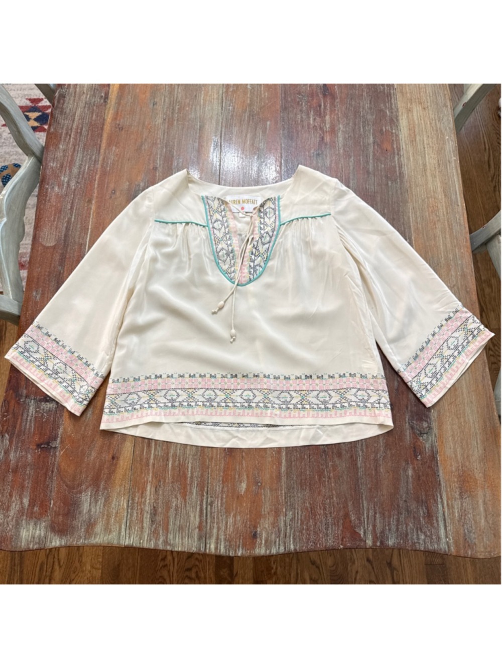 Lauren Moffatt Silk Geometric Border Print Peasant Blouse Small Ivory Pink